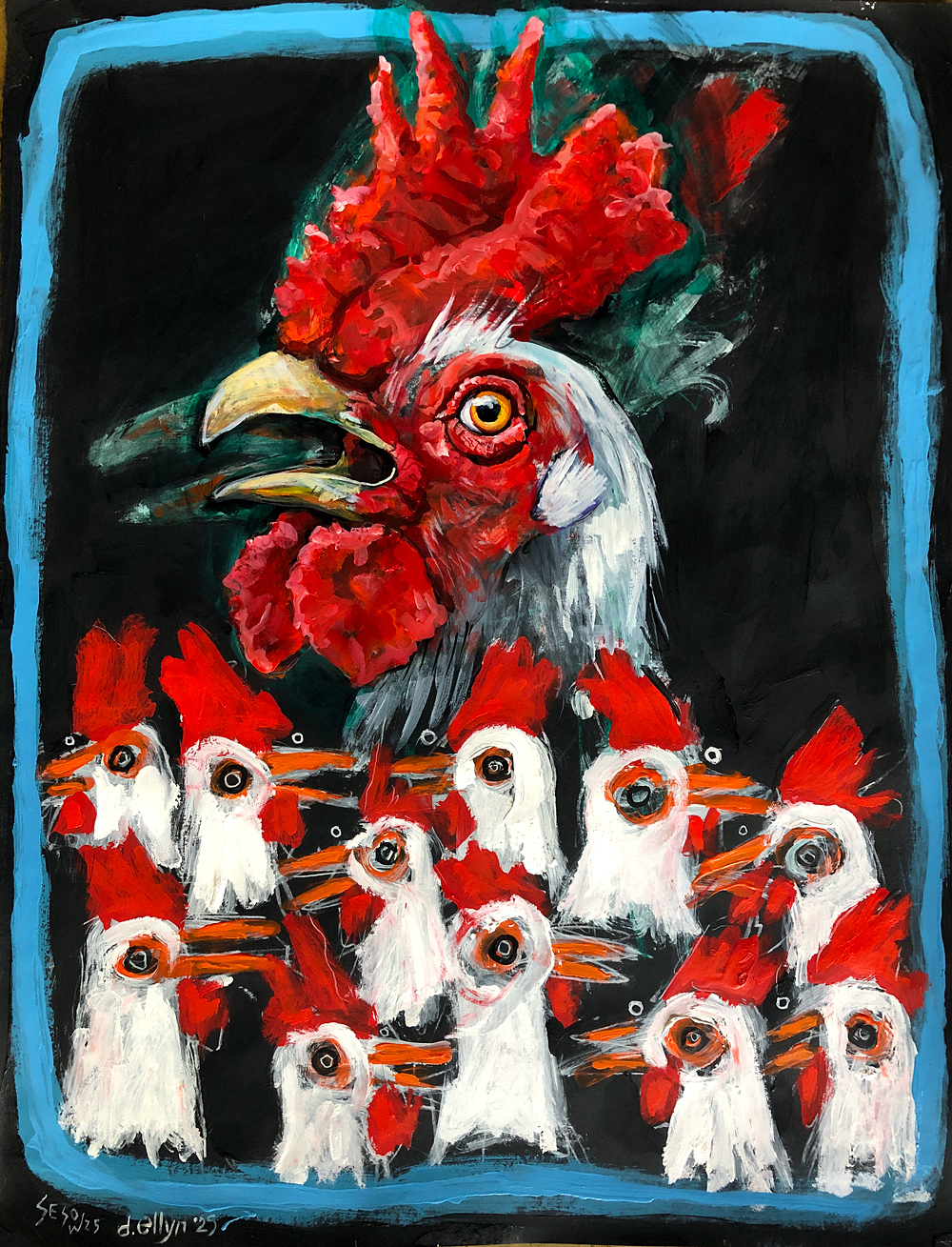 One large detailed chicken surrounded by abstracted small chickens