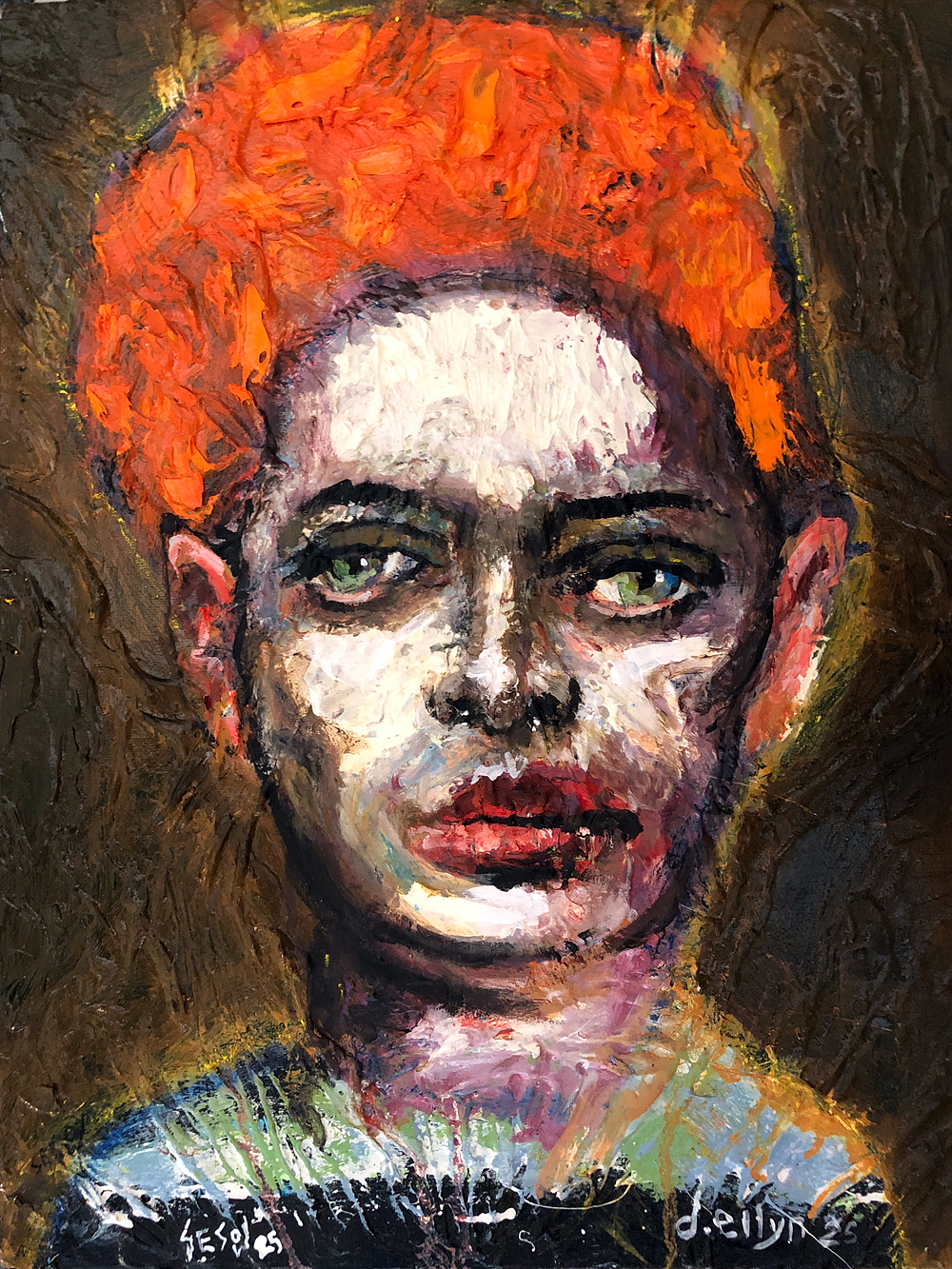 Intense and thickly painted portrait of a woman with piercing stare and red hair