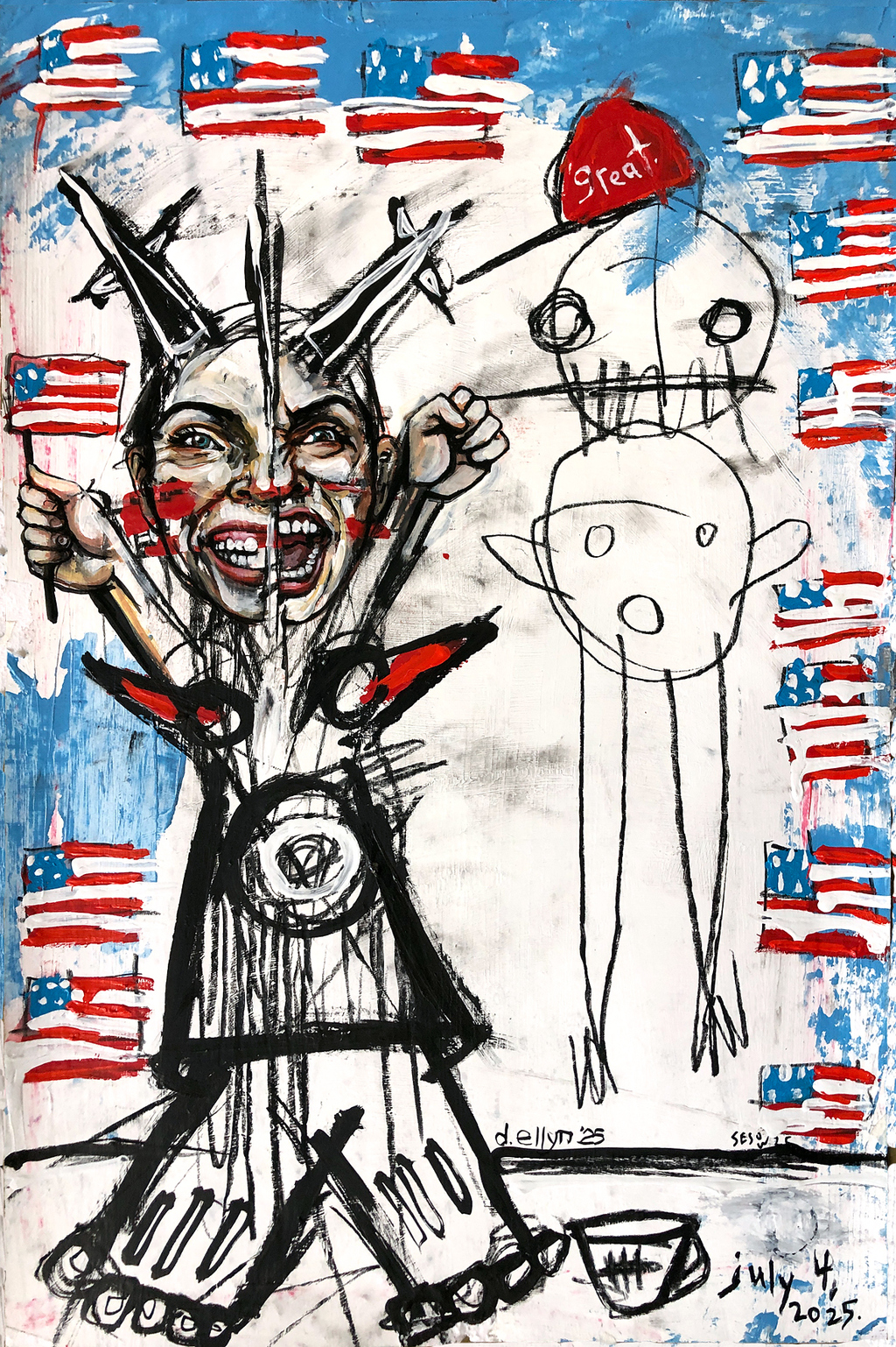 A split-figure screams with joy and menace amid flags and warplanes, celebrating and critiquing the state of America today.