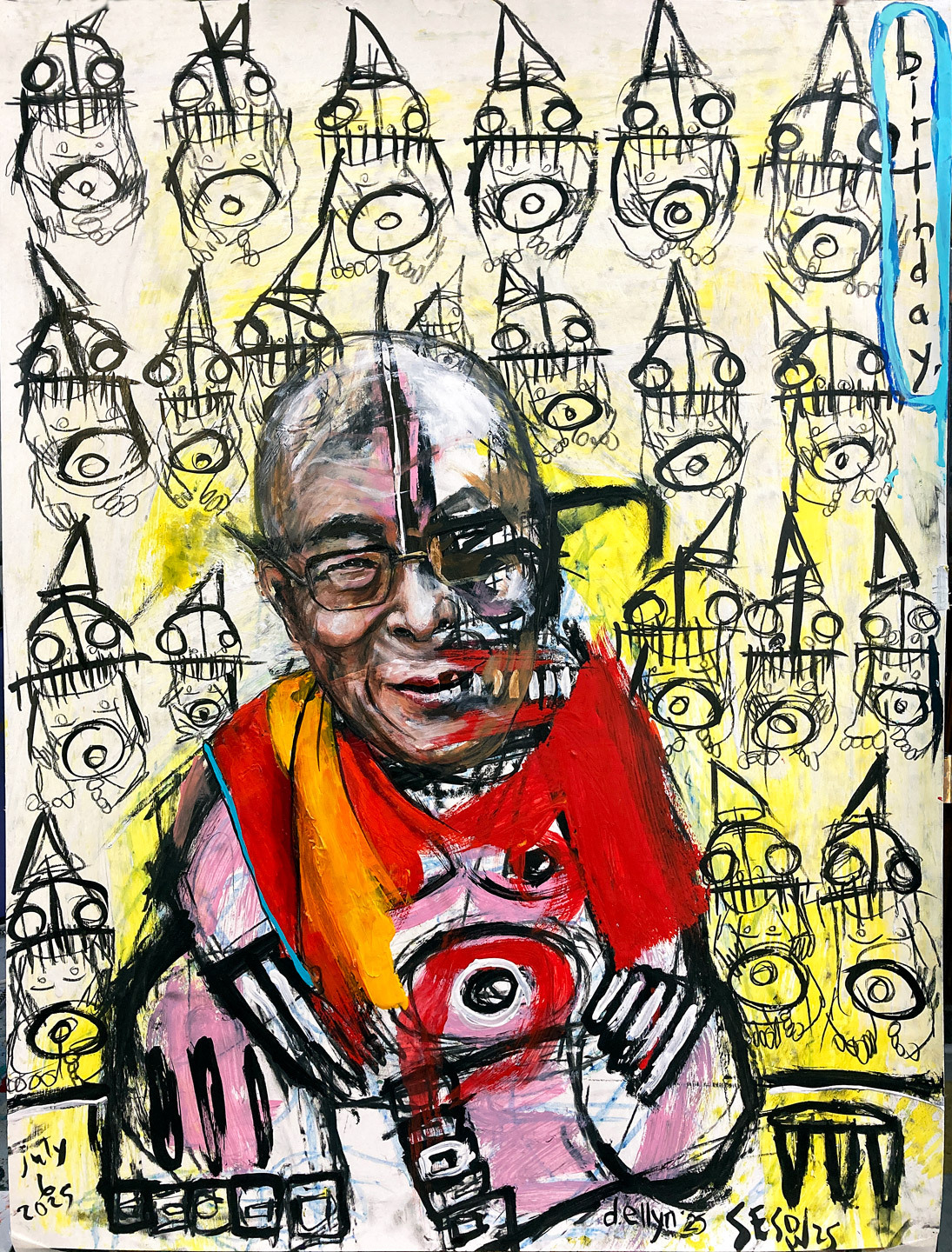 Inspired by and created on the Dalai Lama’s 90th birthday. He sits in a moment of calm amid the chaos swirling around him.
