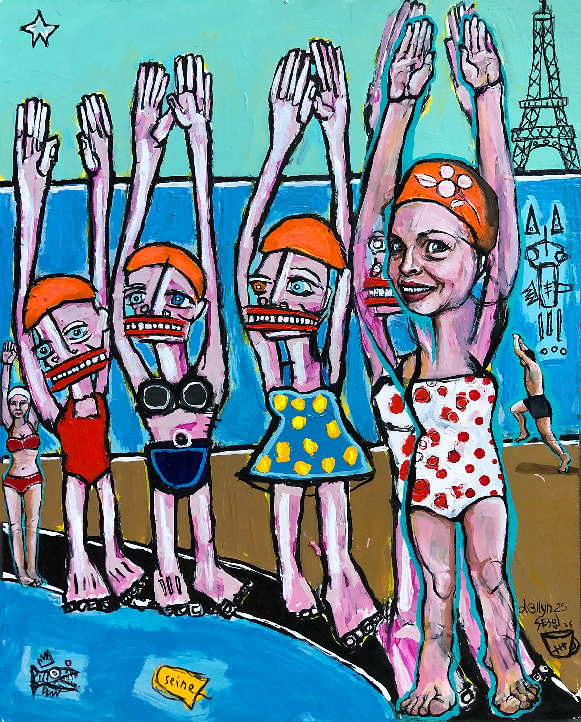 Celebrating the Seine reopening to swimmers after 100 years, with a satirical synchronized swim team in front of the Eiffel Tower.