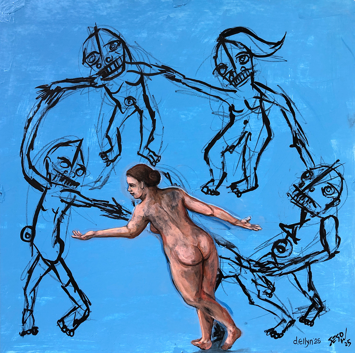 Homage to Henri Matiss's The Dance. Four sketched dancers and one realistic woman.