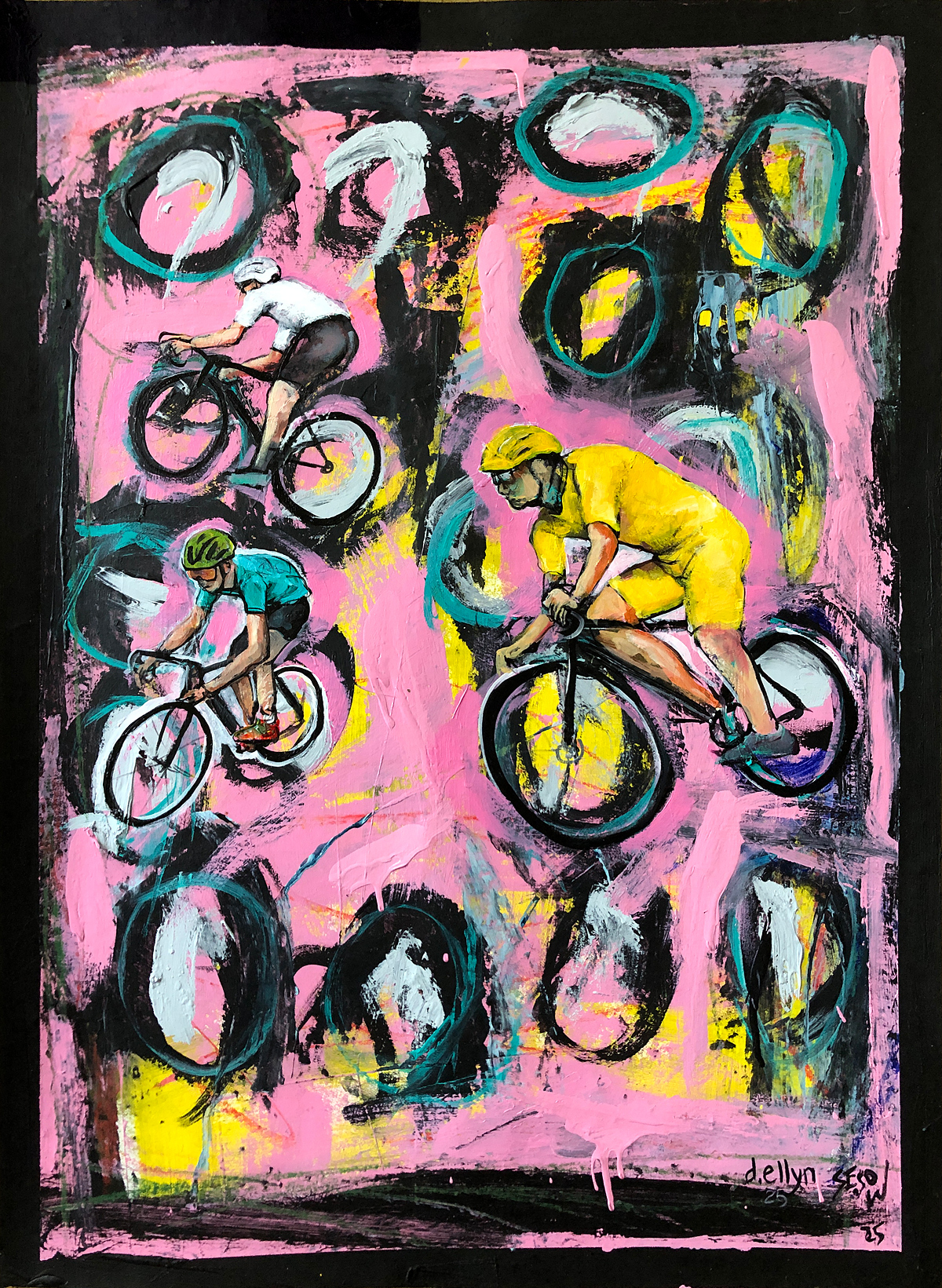 Dynamic cyclists race across a vivid pink and yellow backdrop in this bold, high-energy painting inspired by the Tour de France finale.