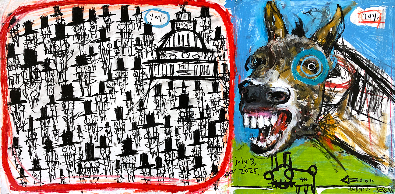 Yay Nay painting features chaotic donkey and top hats voting near Capitol, critiquing polarized politics and absurd democracy