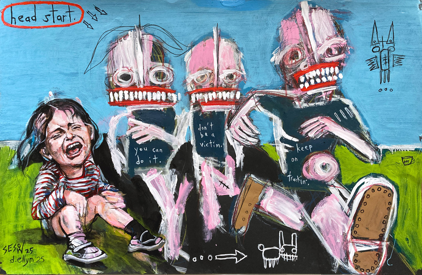 Inspired by the Trump admin’s ban on undocumented kids in Head Start—this painting critiques exclusion masked as encouragement.