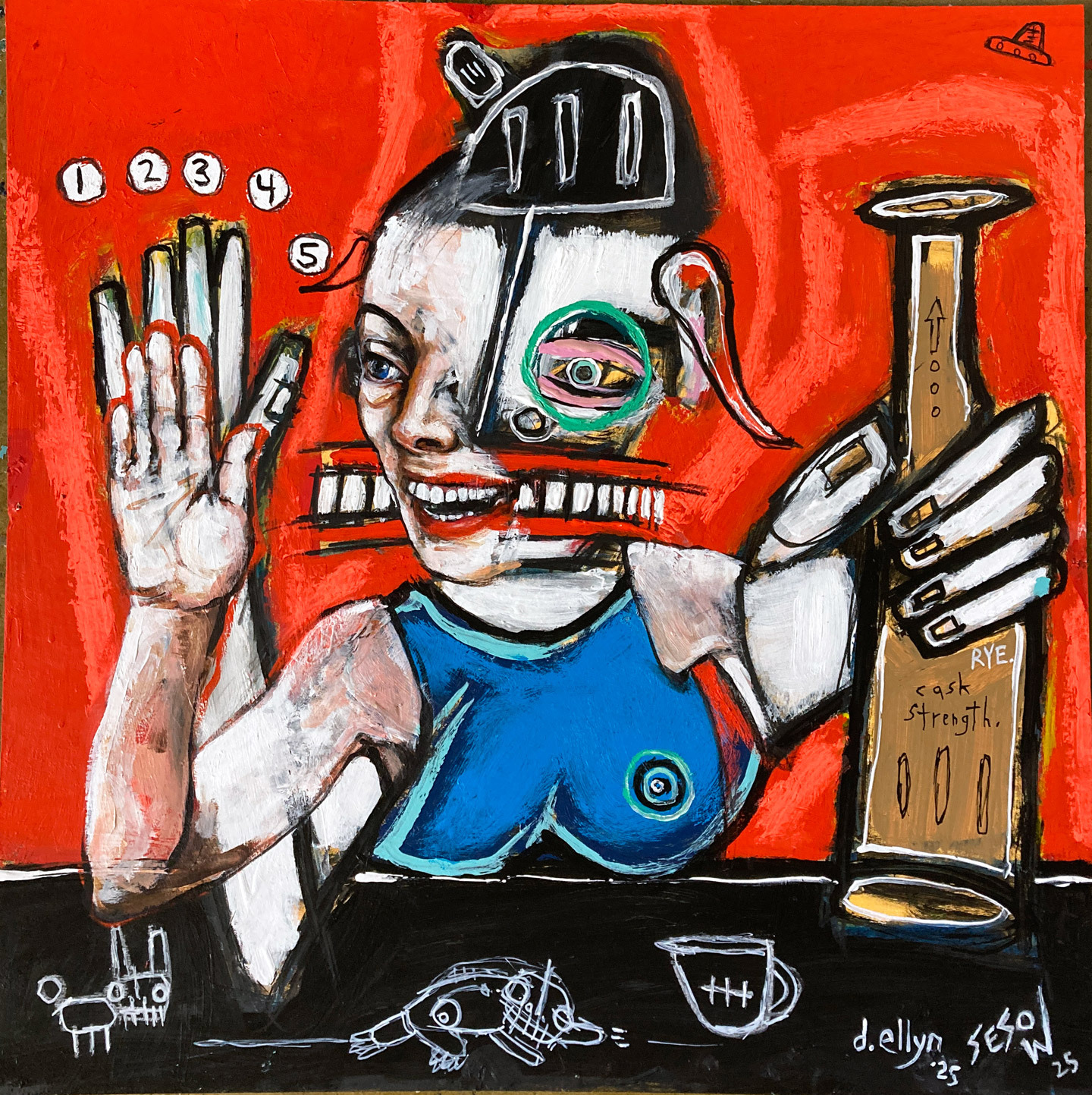 surreal portrait with whiskey bottle and numbered hand a riff on 'taking the fifth"