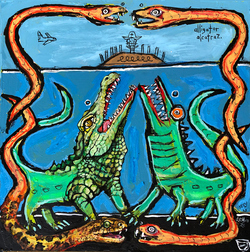 Alligator Alcatraz painting shows reptilian battle beneath sea serpents in a surreal take on captivity and confrontation.