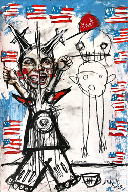 July 4 painting merges patriotism and chaos with split-figure joy, American flags, and subtle critique of modern nationalism.