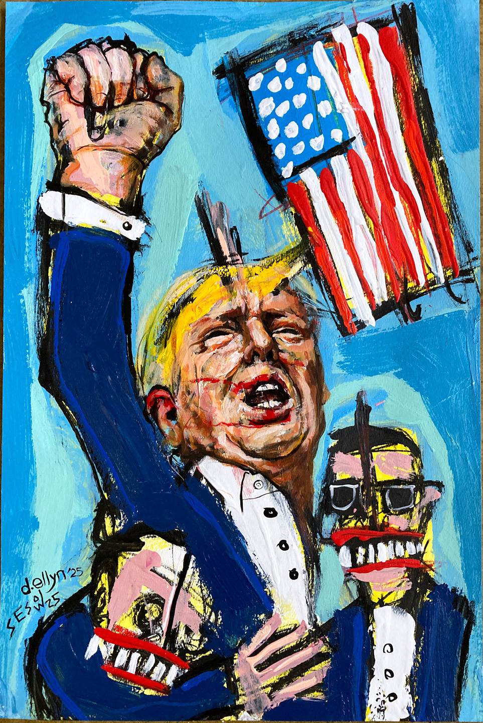 Expressionist painting of Trump raising fist after assassination attempt, flanked by grotesque followers and a distorted flag.