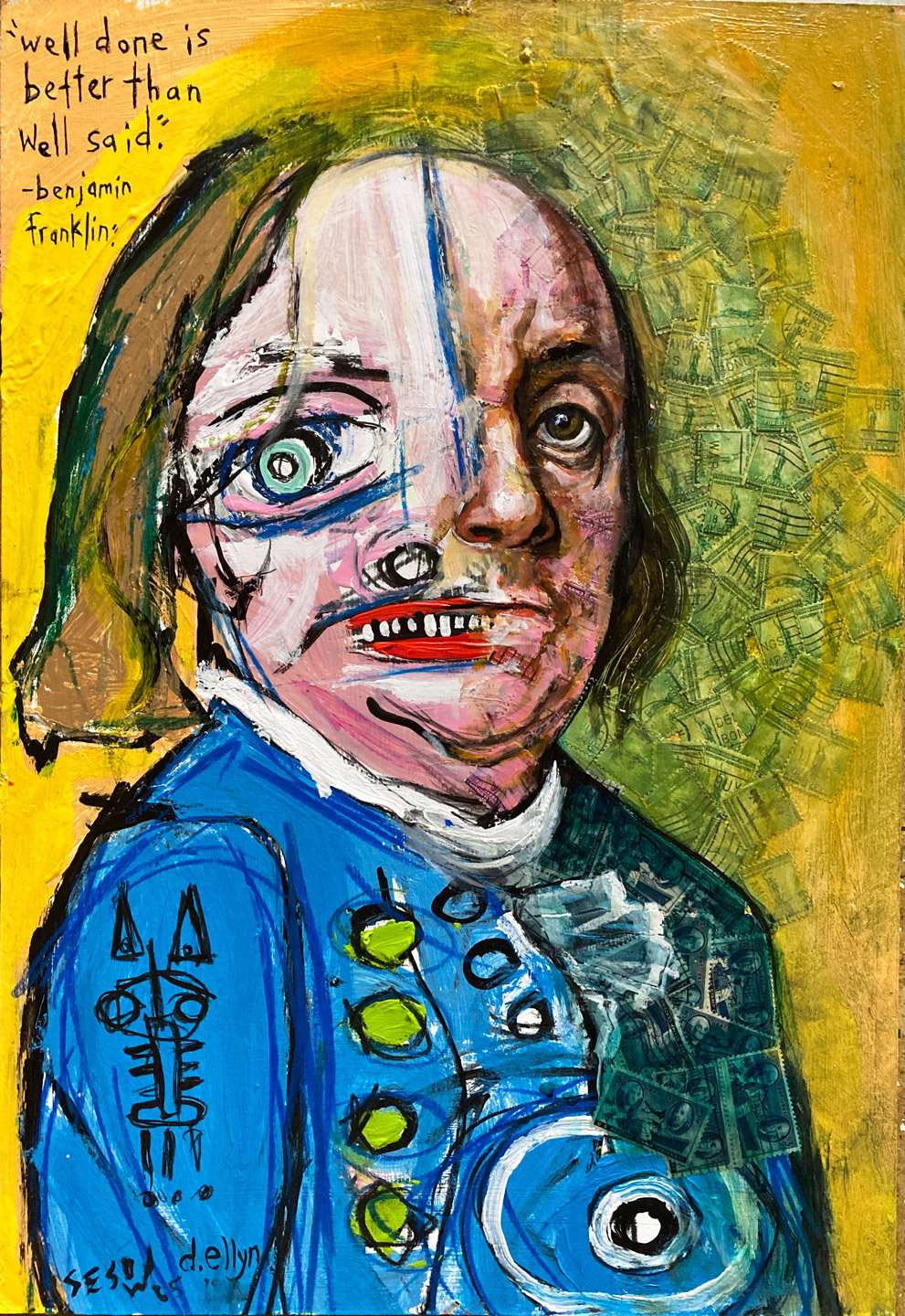 Ben Franklin portrait painting and collage with 1947 and 1940 stamps, celebrating 250 years of the U.S. Postal Service and enduring communication.