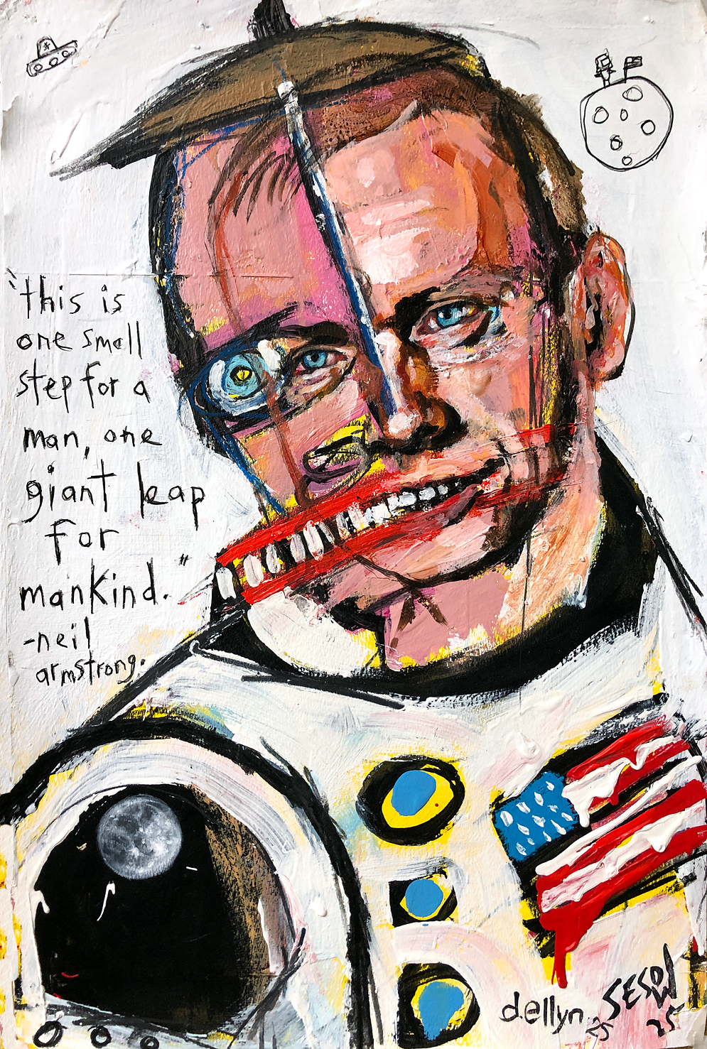 portrait of Neil Armstrong in his astronaut uniform with moon reflecting in helmet